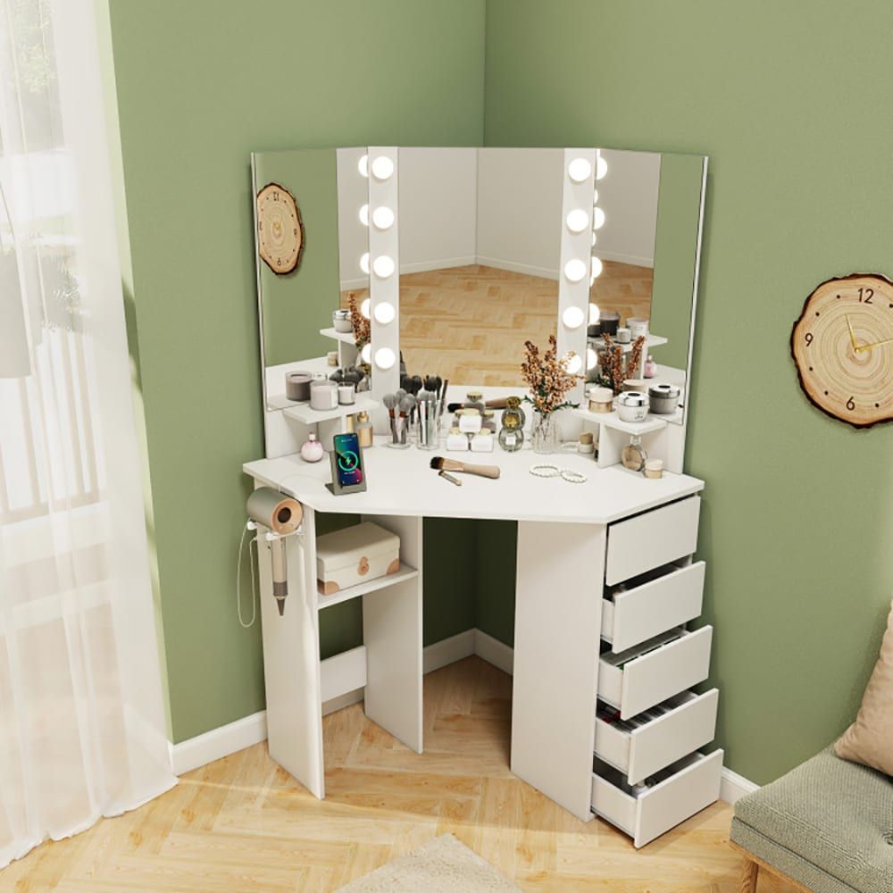 Corner Vanity Desk With 3-Color LED Lighted Mirror And Power Outlet_voghion.com