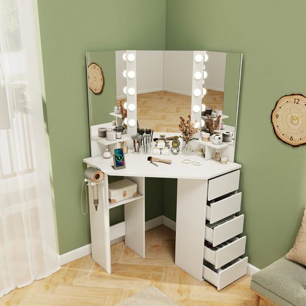 Corner Vanity Desk With 3-Color LED Lighted Mirror And Power Outlet_voghion.com