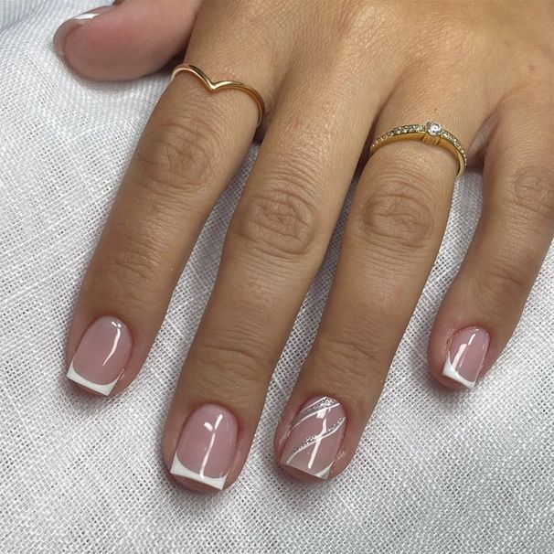 False Nails Simple French White False Nails Short Square Manicure Wave Glitter Stripes Wearable Nail Nail Tips_voghion.com