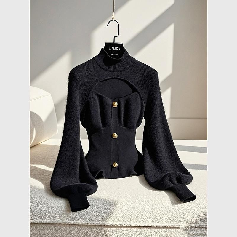 Damenbekleidung Das beliebte schwarze Strickhemd dieses Jahres mit Winter-High-End-Slim-Fit-Innenoberteil_voghion.com