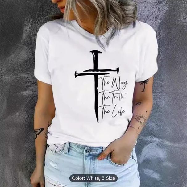 T-shirt à manches courtes et col rond pour femme, imprimé, loisirs, printemps/été, 2024_voghion.com