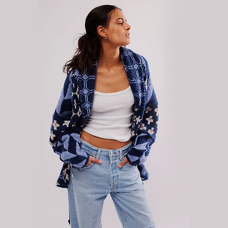 Damenbekleidung Strickpullover mit abstraktem Druck Lockere Langarm-Strickjacke für Damen mit Umlegekragen_voghion.com