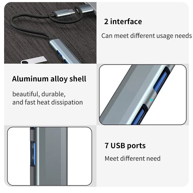 3.0 With 7 Ports Aluminum Alloy USB 2.0 Hub Type C Splitter Extender For Laptop PC Book Surface Pro And MacBook_voghion.com