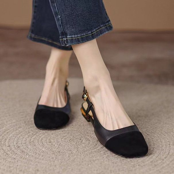 Women's Matching Color Low Heel Sandals Women Baotou New Retro One Word Buckle After Empty Flat Shoes_voghion.com