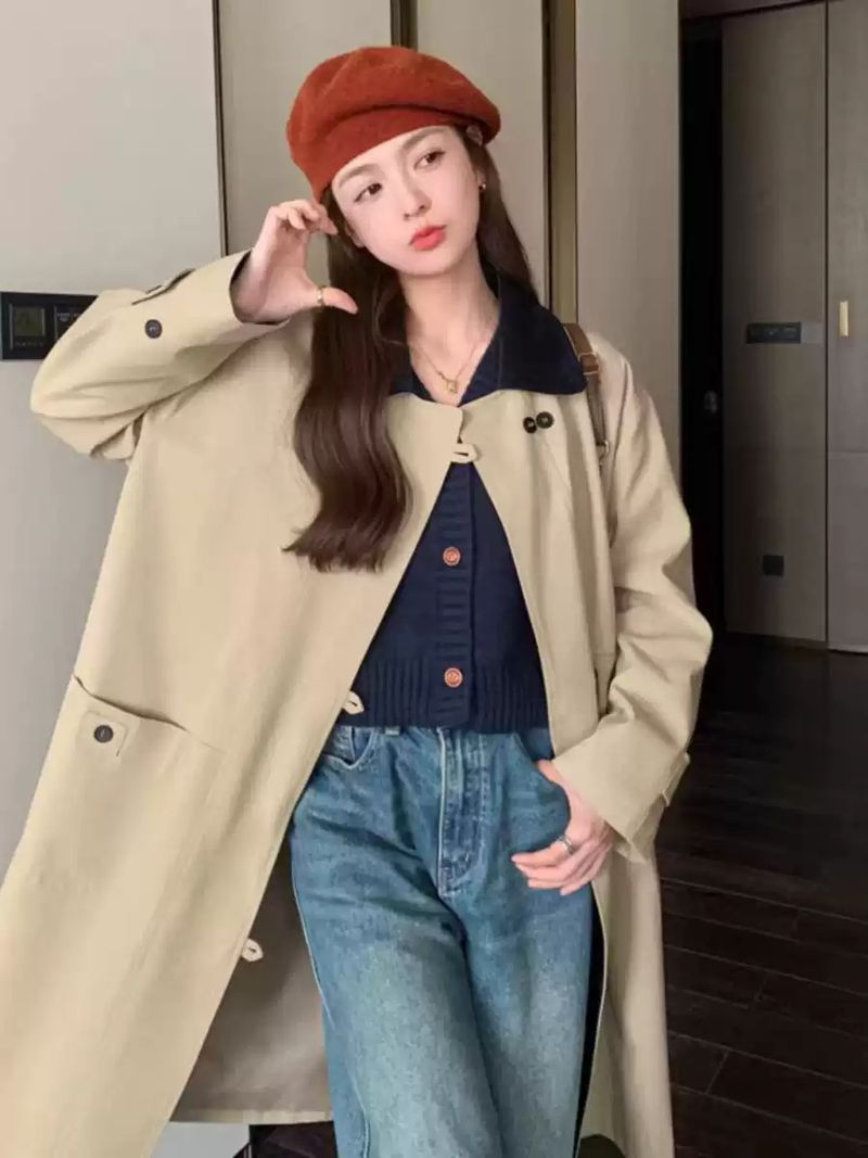 Trench-coat long et élégant pour femme - Mélange de polyester léger, coupe ample, col polo, design color-block, style rétro, tailles S/M/L._voghion.com