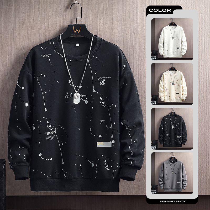 ​​Lässiger Pullover für Herren, Langarm, Rundhalsausschnitt, Grafikdruck, lockere Passform, Urban Streetwear (Grau/Schwarz/Weiß/Beige)​_voghion.com