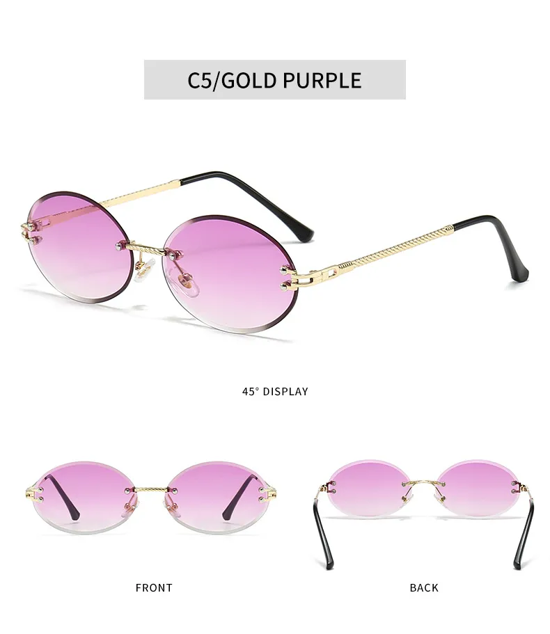 Moda Czarny Metal Owalny Kobiety Trend 2024 Vintage Okulary przeciwsłoneczne Bez Oprawek Dla Kobiet Projektant Mody Małe Okulary UV400 Oculus_voghion.com