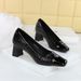 5299 Korean Version Banquet Women's Shoes Mary Jane Cracked Splicing Commuting High Heels Mid Thick Heel Square Toe_voghion.com