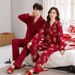 Par Pomlad Mladoporočencev Bombažni Cardigan Pižama Hlače Z Dolgimi Rokavi Poroka Moški Ženske Jesen in Zima Veliki Rdeči Set_voghion.com