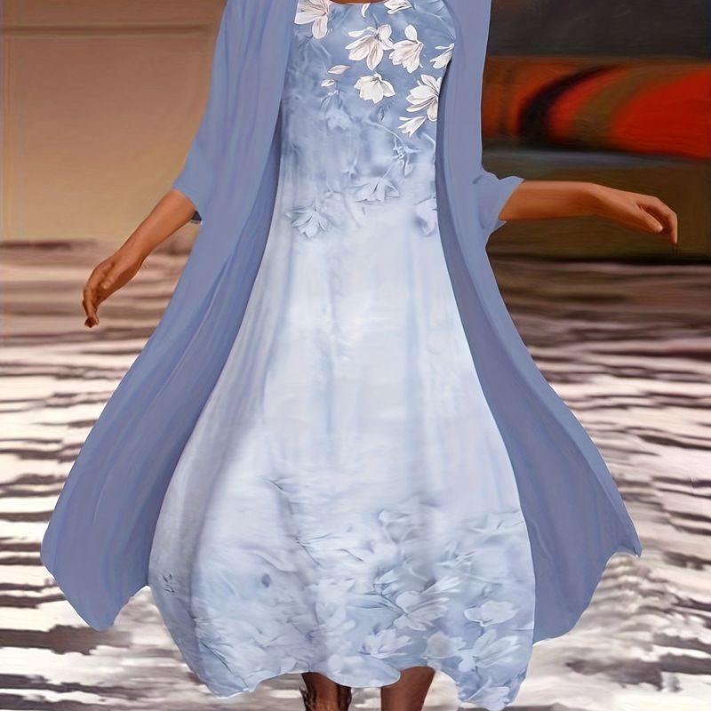 Plus Size Outfits Set, Women's Plus Floral Print Round Neck Tank Dress & Long Sleeve Coat Outfits Two Piece Set_voghion.com