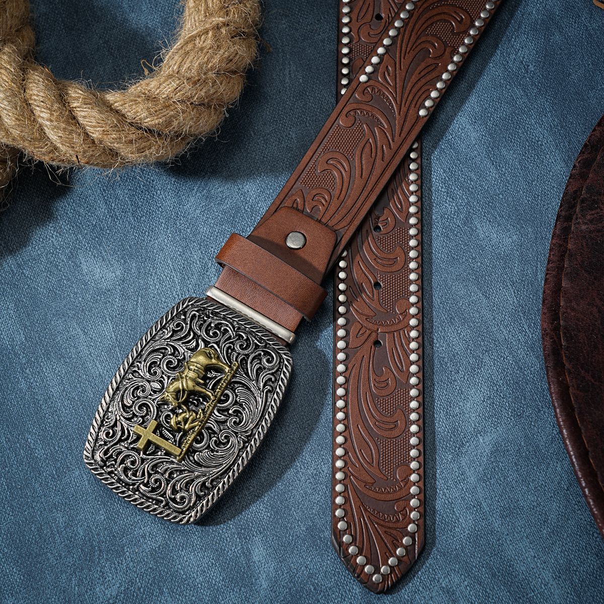 Homens e mulheres quentes - Western - Cowboy - Couro PU - Cinto - Fivela de cavalo vintage com estampa floral gravada para jeans_voghion.com