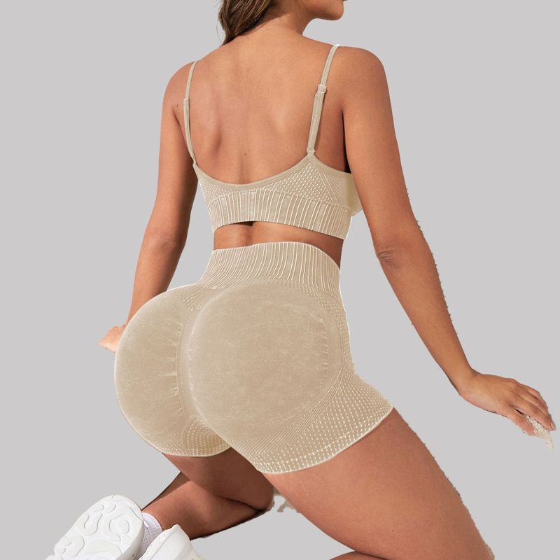 Frosted Washed Seamless Yoga Bra Peach Hip Shorts Fitness Wear Sports 2-Piece Set_voghion.com