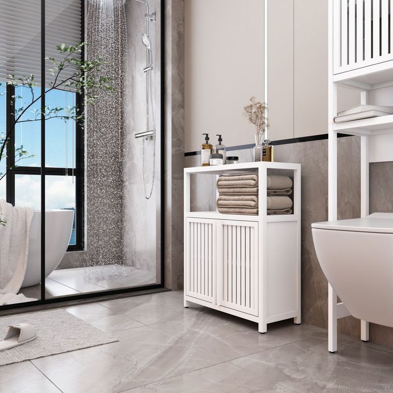 White Large Capacity Bamboo Storage Cabinet Furniture For Bathroom Living Room Bathroom Bamboo Storage Cabinet With Shelves_voghion.com