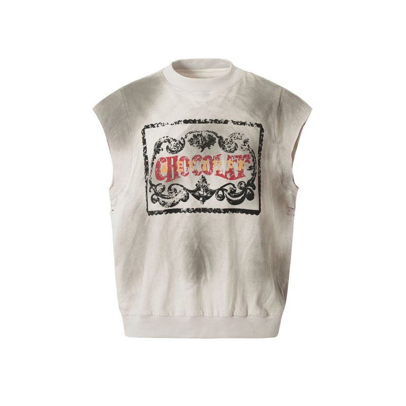 Men's Clothing Vintage Distressed Sleeveless Tank Top For Men - Hip Hop Streetwear, Oversized Faded White Cotton Muscle Tee, Dark Casual Wear_voghion.com