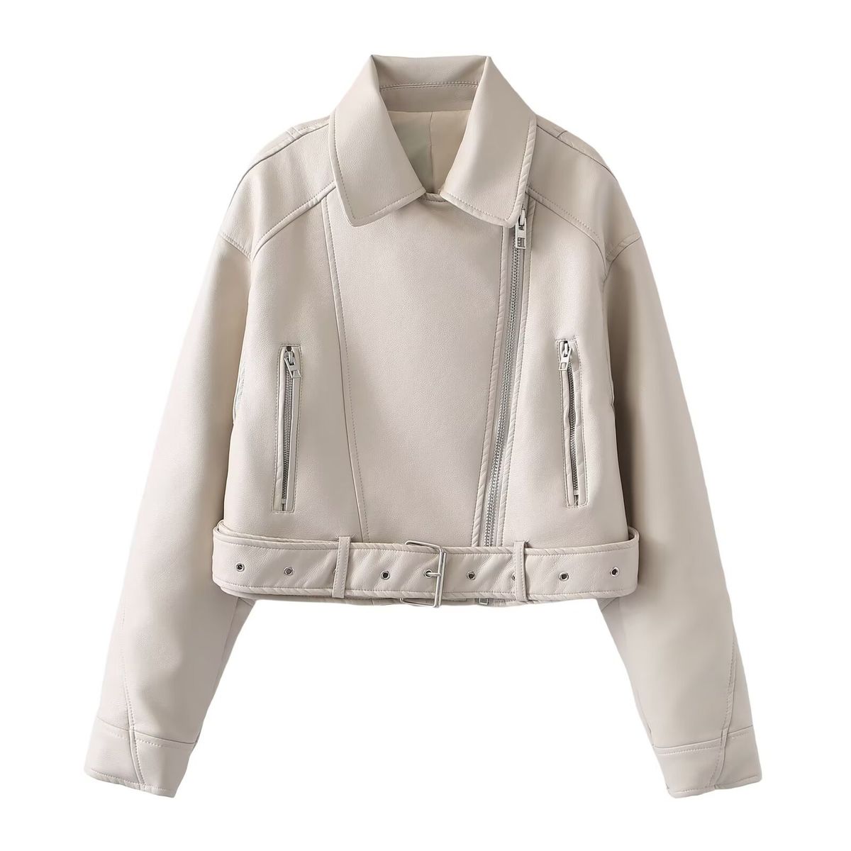 Jaqueta de couro sintético da moda para mulheres - estilo motociclista com lapela e cinto, zíper e gola alta, roupa urbana para outono/inverno_voghion.com