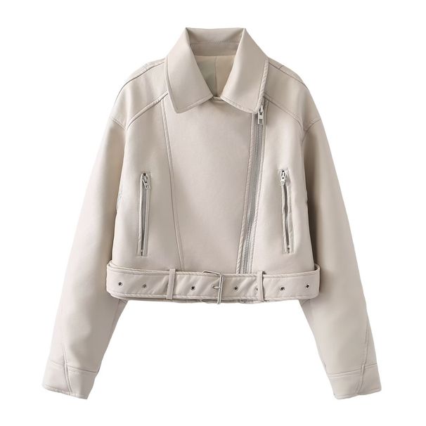 Jaqueta de couro sintético da moda para mulheres - estilo motociclista com lapela e cinto, zíper e gola alta, roupa urbana para outono/inverno_voghion.com