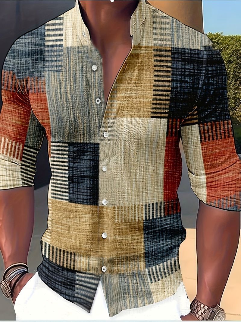 Men's Clothing New Men's Long Sleeved Shirt 3D Digital Printing Trendy Casual Shirt_voghion.com