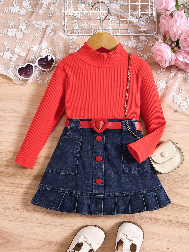 Mother&Kids Girls solid color vest long sleeve shirt denim open bag pleats Skirt suit_voghion.com