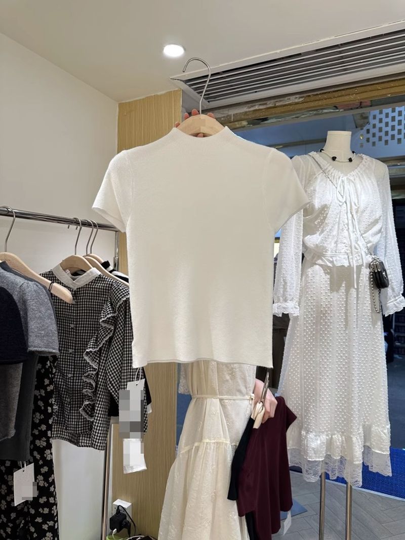 T-shirt à manches courtes et col montant pour femme, longueur aux épaules, nouveau style été 2024, chemise de base tempérament, épicé_voghion.com