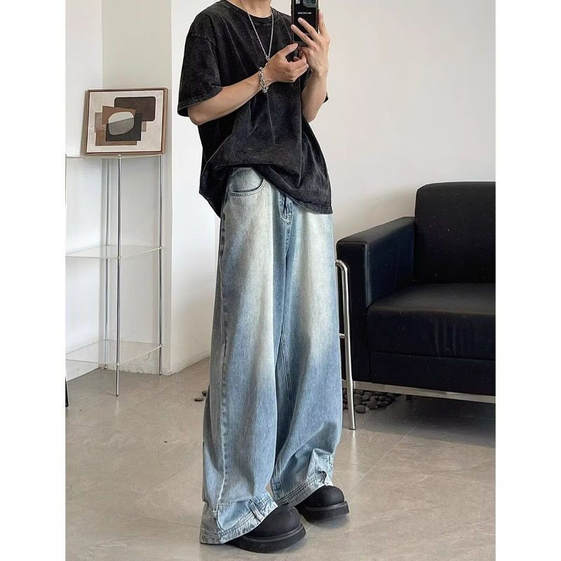 Hose im Reverse-Wear-Design, weites Bein, amerikanischer Denim (Version ist zu lang, es wird empfohlen, eine Nummer kleiner zu wählen), Blau ist ein allmählicher Farbwechsel_voghion.com