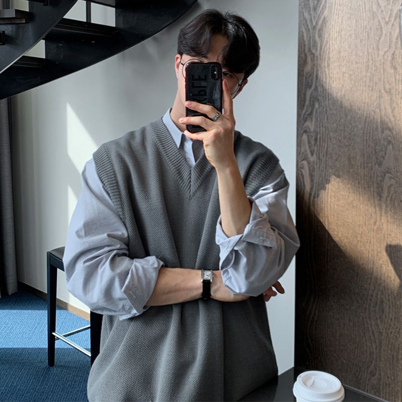 Ärmelloser Pullover Herren im koreanischen Stil, trendige, vielseitige, einfarbige Strickwestenjacke_voghion.com