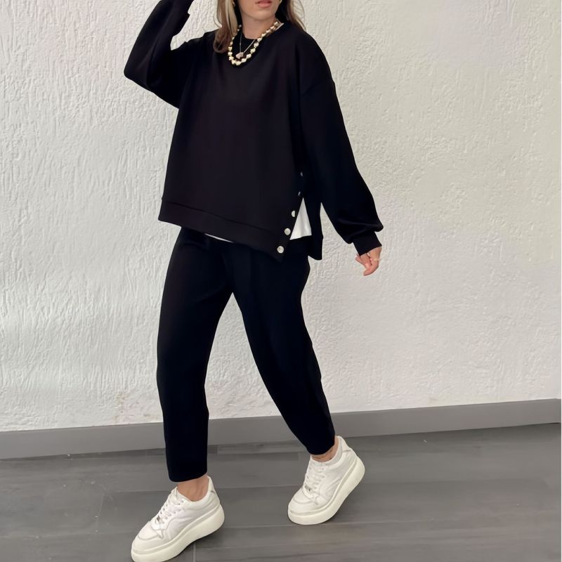 Damenbekleidung Neue Mode Metallknopf Split Langarm Top Sport Casual Skinny Pants Damenanzug_voghion.com