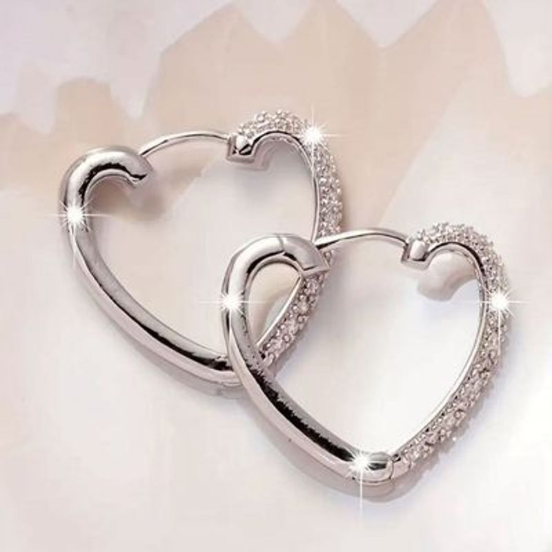 Fashion Platinum Coating Hollow Heart With Full White Crystals Inlaid Huggie Earrings For Ladies Girls_voghion.com