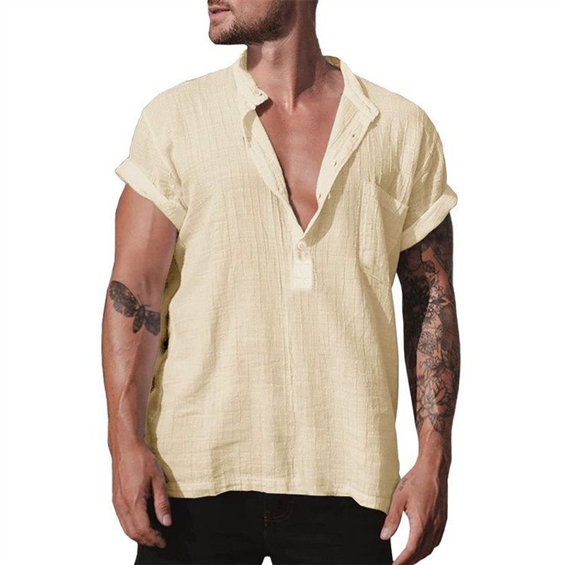 Camicie casual leggere da uomo, estive, eleganti, con colletto semiaperto, tasche solide, maniche corte, camicette da vacanza, top, streetwear_voghion.com