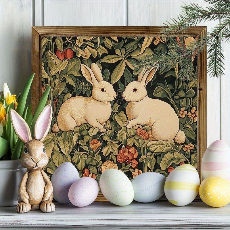 8x8" Vintage Rabbit Duo Leseni znak - rustikalna kmečka stenska slika za dom/pisarno, baterije niso potrebne, popolno darilo za ljubitelje zajčkov_voghion.com