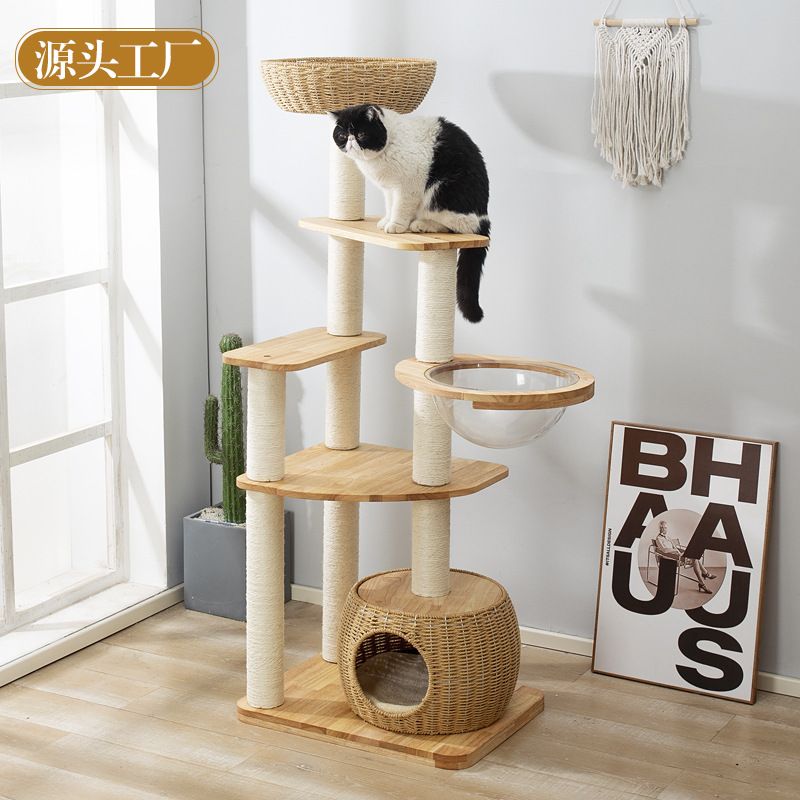Maison d'escalade en bois massif, arbre, capsule spatiale intégrée, planche à gratter, nid tissé, cadre en rotin et jute pour chat, gain de place_voghion.com