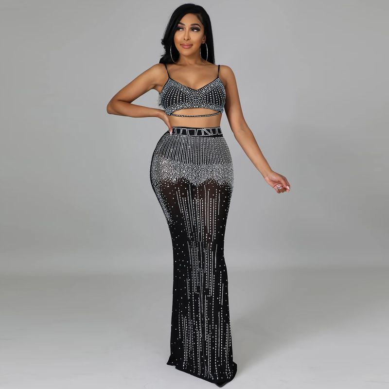 Vêtements pour femmes sexy pour femmes, boîte de nuit, fête, maille transparente, gilet à bretelles, jupe longue, ensemble deux pièces_voghion.com