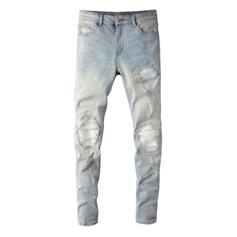 Jean slim pour homme, coupe slim, élastique, délavé, avec moustaches de chat, trous froissés, patchwork blanc_voghion.com