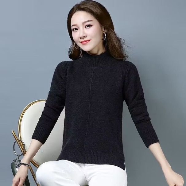 【 Famiglia Cashmere 】 Maglione da donna in maglia spessa e larga, corto, con collo alto e base in lana, strato interno per autunno e inverno_voghion.com