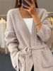 Women's clothing women's thickened solid color lace-up knitted cardigan loose pocket sweater jacket_voghion.com