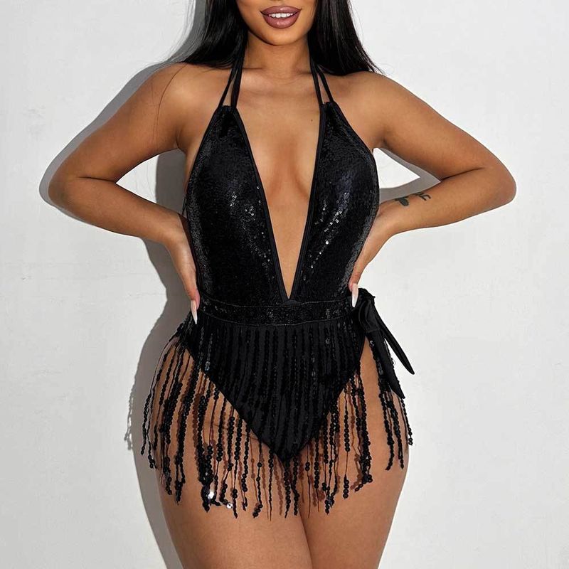 Damen-Bademode, femininer, tiefer V-Badeanzug, einteiliger Badeanzug mit Quasten im Ins-Stil_voghion.com
