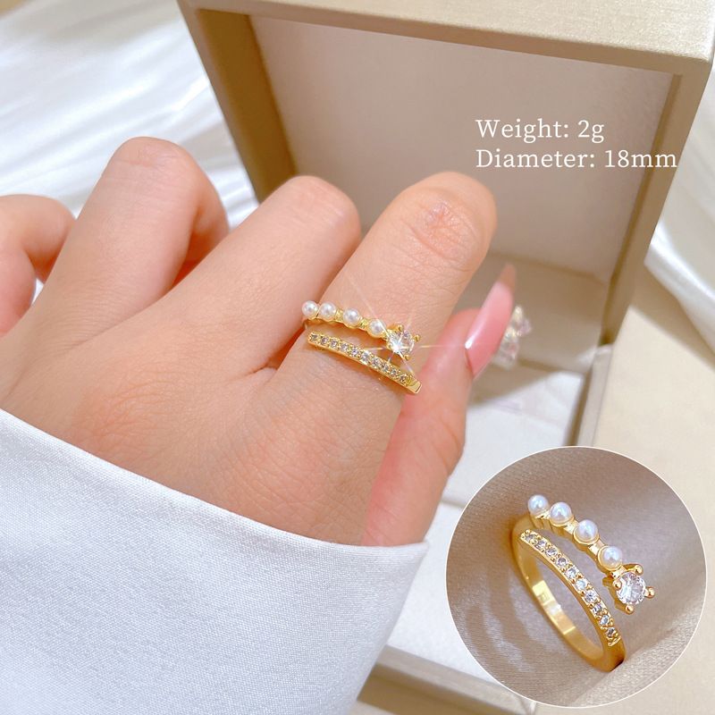 【 Oro vero 】 Perla Zircone Moda con apertura regolabile, semplice anello fatto a mano, anello di coppia_voghion.com