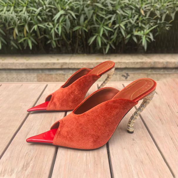 Mode Spitz Hausschuhe Design Ferse High Heels Sommer Samt Damenschuhe_voghion.com