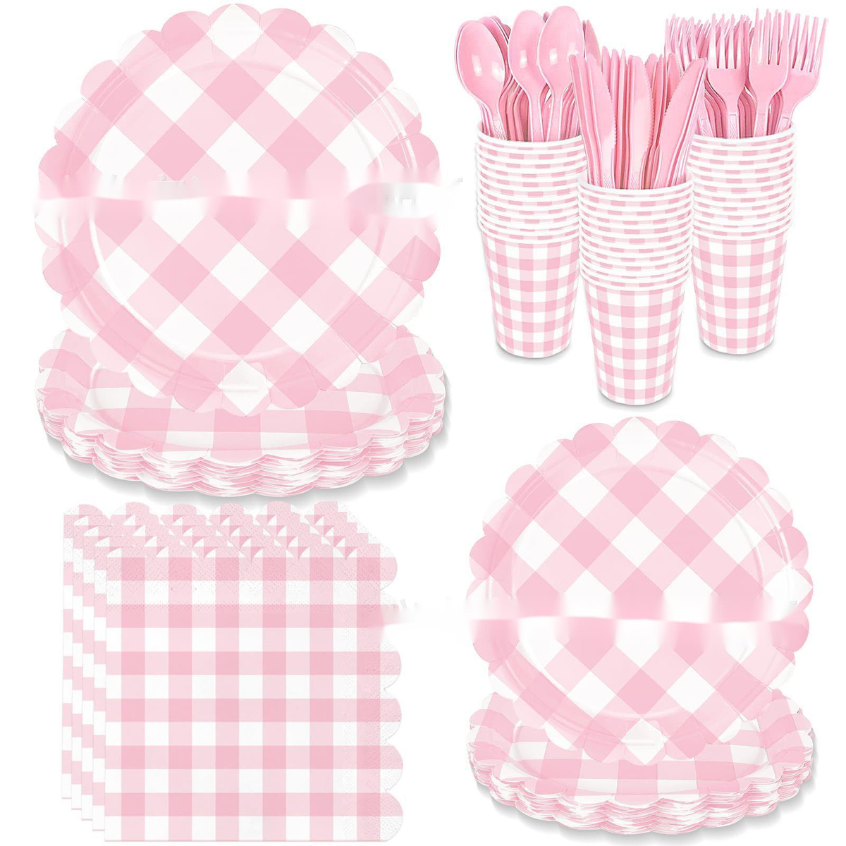 New Paper Grid Striped Edge Plates Party Disposable Tableware Set_voghion.com