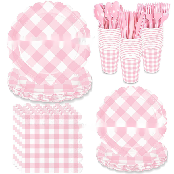 New Paper Grid Striped Edge Plates Party Disposable Tableware Set_voghion.com