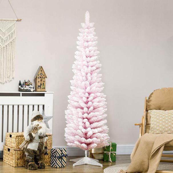 6ft Snow Flocked Artificial Pencil Christmas Tree, Slim Xmas Tree With Realistic Branches And Plastic Base Stand For Indoor Decoration, Pink_voghion.com