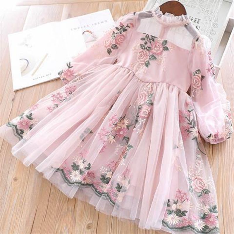 2023 Abito da principessa lungo con ricamo a fiori in versione coreana da ragazza, manica a palloncino, stile palazzo, girocollo_voghion.com