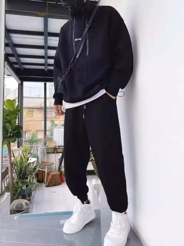 Roupas masculinas Um conjunto de outono e inverno engrossado moda suéter ternos para homens soltos semiabertos com zíper duplo tendência de roupas esportivas_voghion.com