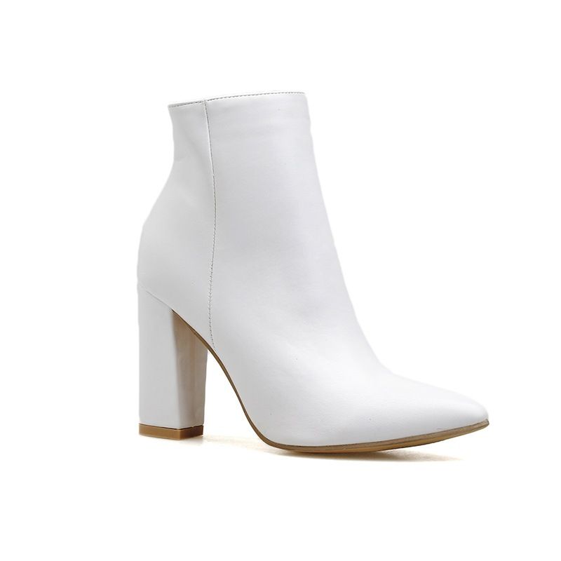 Short boots winter new beautiful Internet celebrity women's boots thick heel versatile pointed white high heel Martin boots_voghion.com