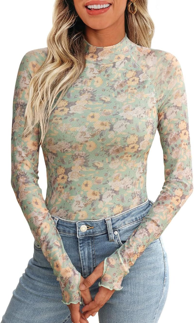 Maglione da donna con collo alto, maniche lunghe, in pizzo floreale, in rete, con fondo aderente, maglietta da donna_voghion.com