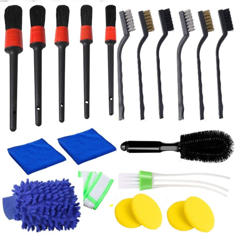 Conjunto de 20 pincéis para detalhamento automotivo com aplicador de cera, limpador de saída de ar e luvas de lavagem – Kit de limpeza multiuso (luvas de lavagem azuis)_voghion.com