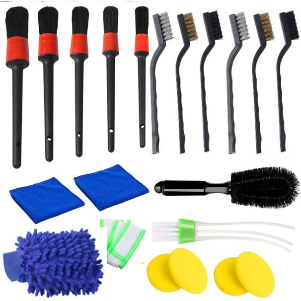 Conjunto de 20 pincéis para detalhamento automotivo com aplicador de cera, limpador de saída de ar e luvas de lavagem – Kit de limpeza multiuso (luvas de lavagem azuis)_voghion.com