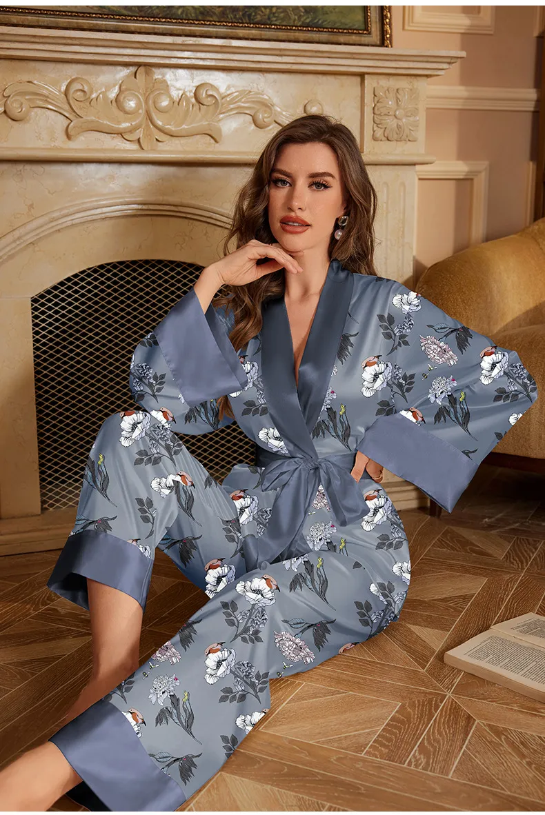 Women’s Clothing New Silk Pajamas Autumn Women's Long Sleeved Suit Stylish Color Ice Silk Home Two Piece Pajamas_voghion.com