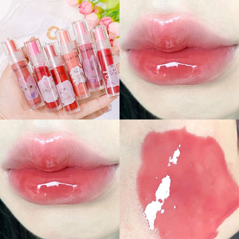 Cute cat mirror water lip gloss transparent jelly lip glacier waterproof durable liquid lipstick nude pink col_voghion.com