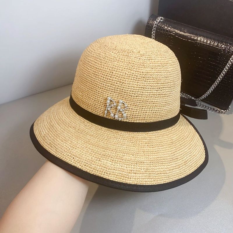 New Arrivals Summer RB Letter Raffia Material Foldable Streamer Bow Fisherman's Basin Hat Beach Sun Block Visor for Women_voghion.com