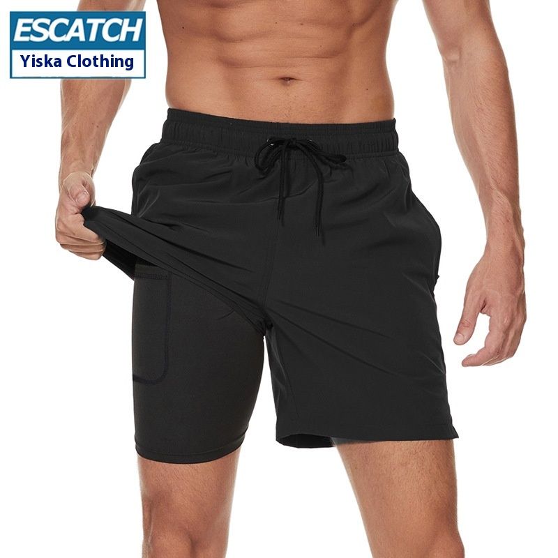 New Swim Trunks, Beach Pants, 2-In-1 Men's Double-Layer Sports Shorts, Anti Embarrassment, Quick Drying, Hot Spring_voghion.com